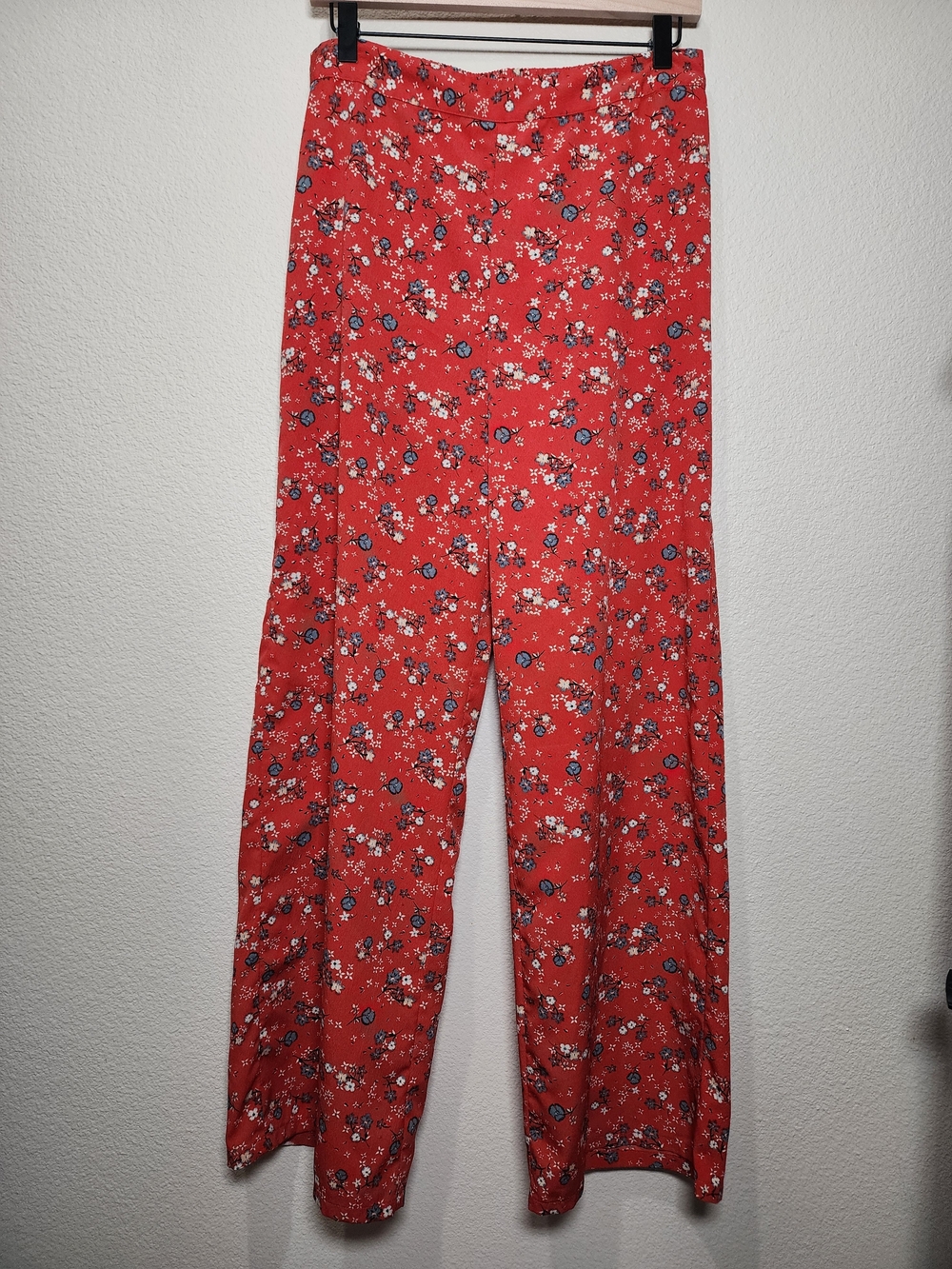 Japna Red Floral Wide-Leg Flowy Pants Elastic Waist